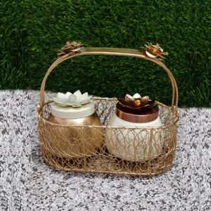 Golden Metal Oval Basket with 2 Jar Decor Art