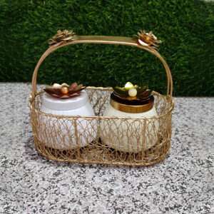 Golden Metal Oval Basket with 2 Jar Decor Art