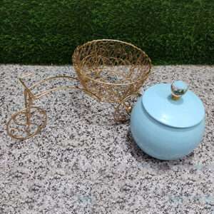 Gold Metal Wired Rickshaw Hamper Basket With Jar Decor Art
