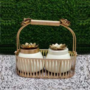 Iron Golden Wire Oval Hamper Basket with Jar Decor Art