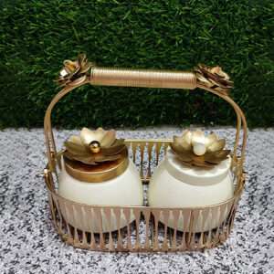 Iron Golden Wire Oval Hamper Basket with Jar Decor Art
