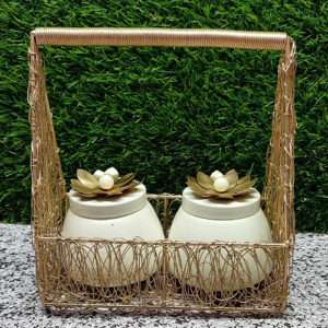 Golden Square Metal Wire Mash Hamper Basket With 2 Jar Decor Art