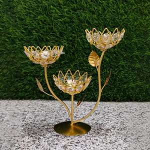 Crystal Three Stand Aarti Akhand Diya Deepak Decor Art